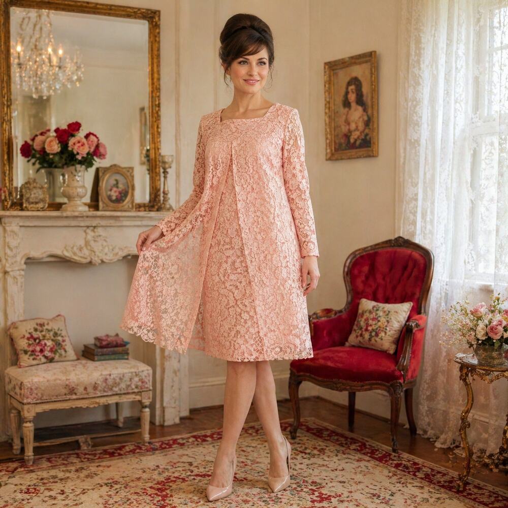 60s Pink Lace Sheath Dress w Flyaway Overlay Long Sleeve Mod Party - M/L